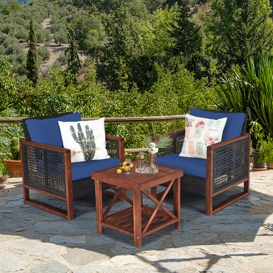 3PCS Rattan Wicker Patio Conversation Set Outdoor Furniture Set w/ Navy Cushion Image 1