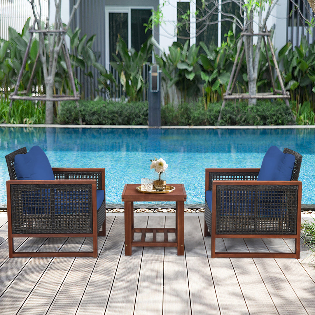 3PCS Rattan Wicker Patio Conversation Set Outdoor Furniture Set w/ Navy Cushion Image 5