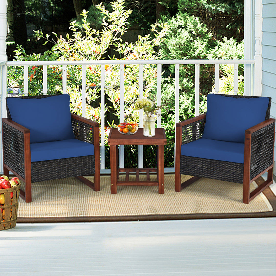 3PCS Rattan Wicker Patio Conversation Set Outdoor Furniture Set w/ Navy Cushion Image 4