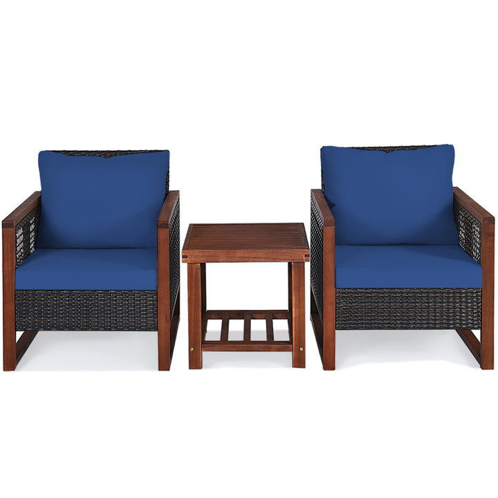 3PCS Rattan Wicker Patio Conversation Set Outdoor Furniture Set w/ Navy Cushion Image 2