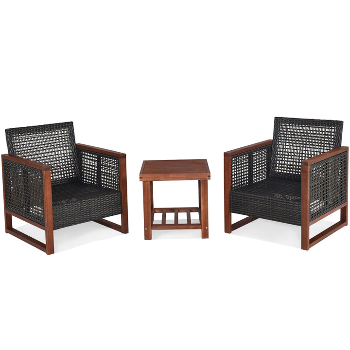 3PCS Rattan Wicker Patio Conversation Set Outdoor Furniture Set w/ Navy Cushion Image 6