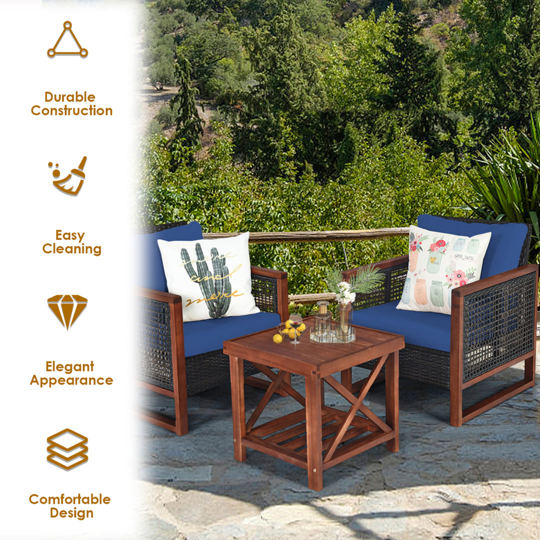 3PCS Rattan Wicker Patio Conversation Set Outdoor Furniture Set w/ Navy Cushion Image 7