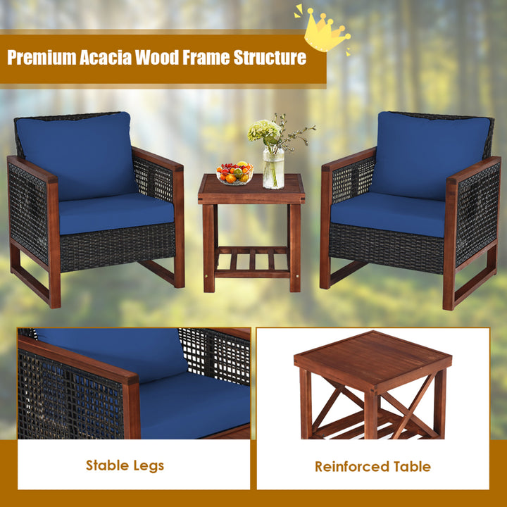 3PCS Rattan Wicker Patio Conversation Set Outdoor Furniture Set w/ Navy Cushion Image 8