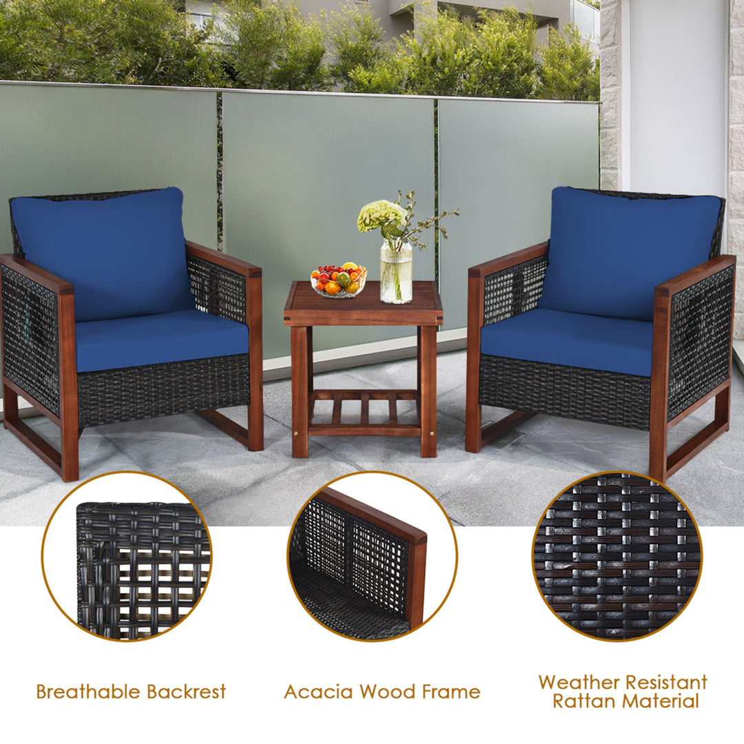 3PCS Rattan Wicker Patio Conversation Set Outdoor Furniture Set w/ Navy Cushion Image 10