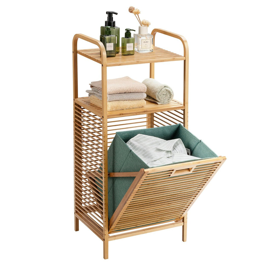 Laundry Hamper Tilt Out Bin Bamboo Shelf Slat Frame Space Saving Storage Image 1