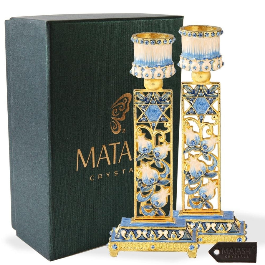 Matashi, Shabbat Candlestick (2-Piece Set) Hand-Painted, Gold-Plated Pewter Tall, Vintage Craftsmanship Adorned w/ Image 1