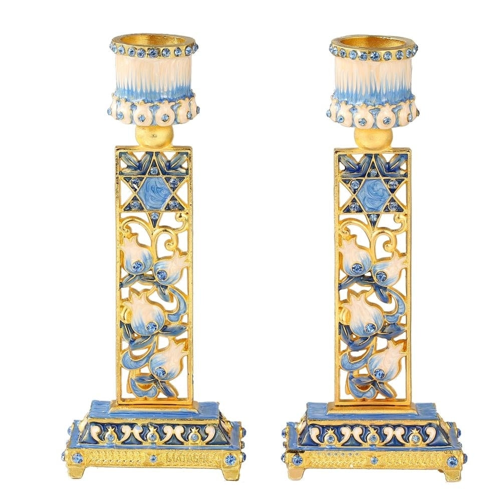 Matashi, Shabbat Candlestick (2-Piece Set) Hand-Painted, Gold-Plated Pewter Tall, Vintage Craftsmanship Adorned w/ Image 2