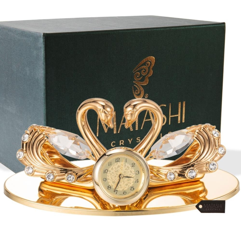 24K Gold Plated Loving Swans Figurine Table-Top Clock Ornament by Matashi Image 1