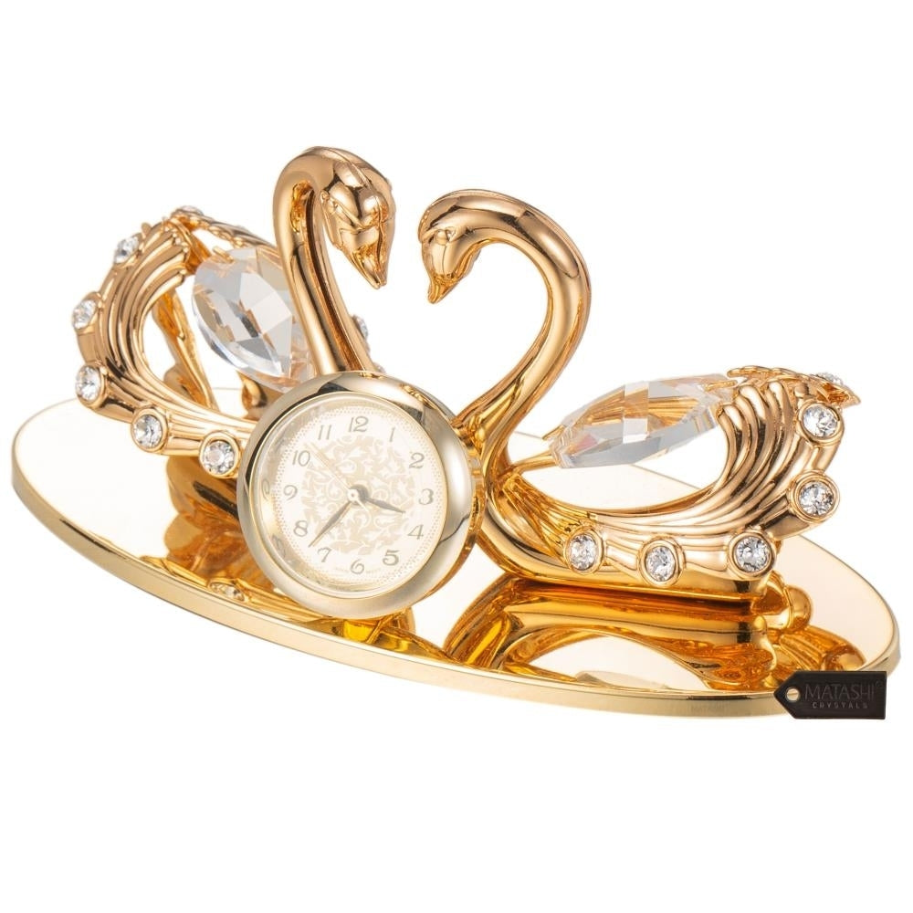 24K Gold Plated Loving Swans Figurine Table-Top Clock Ornament by Matashi Image 4