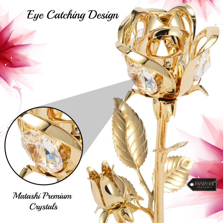 Matashi, Everlasting 7.5" 24K Gold Plated Long Stem Rose Flower with Premium Crystals, Great Gift for Christmas, Year, Image 6