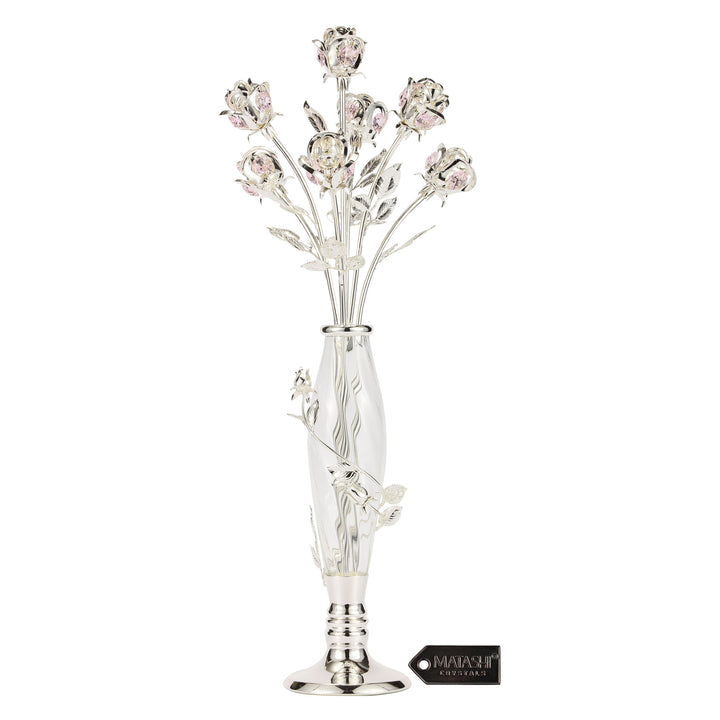 Silver Plated Crystal Studded Rose Bouquet in an Elegant Vase, Beautiful Flower Ornament Crafted with Stunning Crystals, Image 1