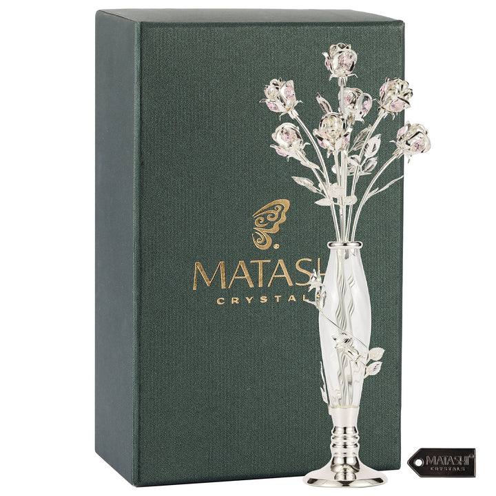 Silver Plated Crystal Studded Rose Bouquet in an Elegant Vase, Beautiful Flower Ornament Crafted with Stunning Crystals, Image 2