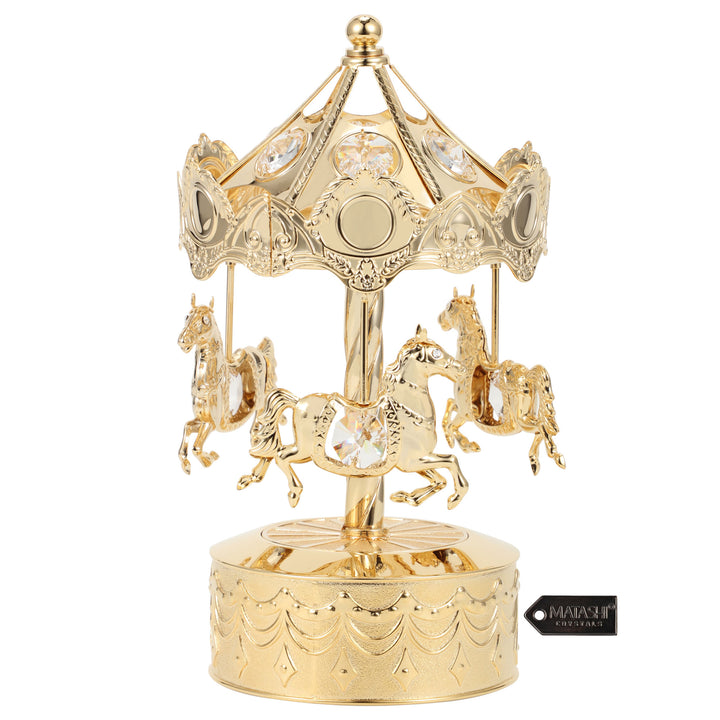 Matashi, 24K Gold Plated Music Box with Crystal Studded Carousel Horse Figurine - It s a Small World Image 1