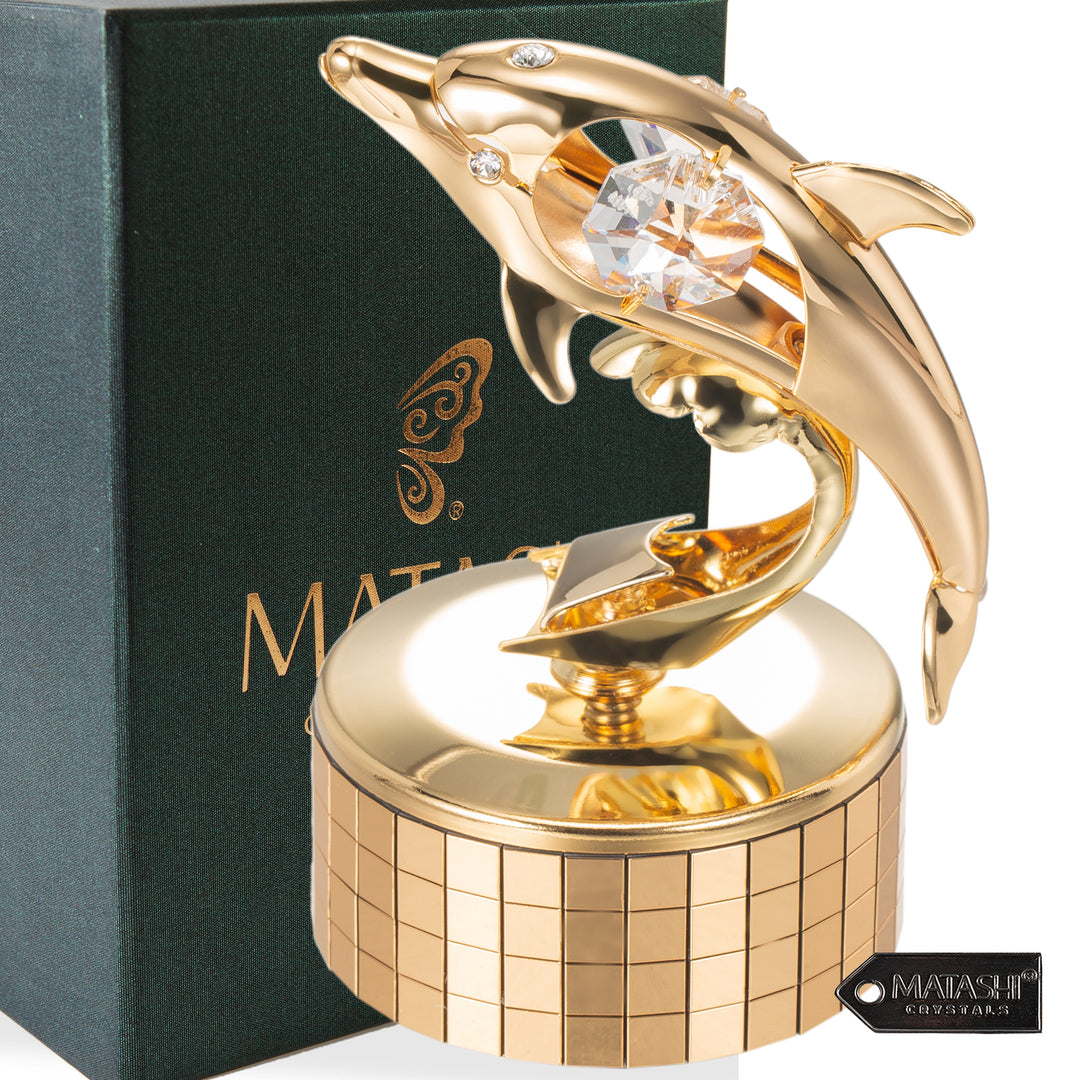 24K Gold Plated Music Box plays - "You Are my Sunshine" with Crystal Studded Dolphin Figurine by Matashi Image 2