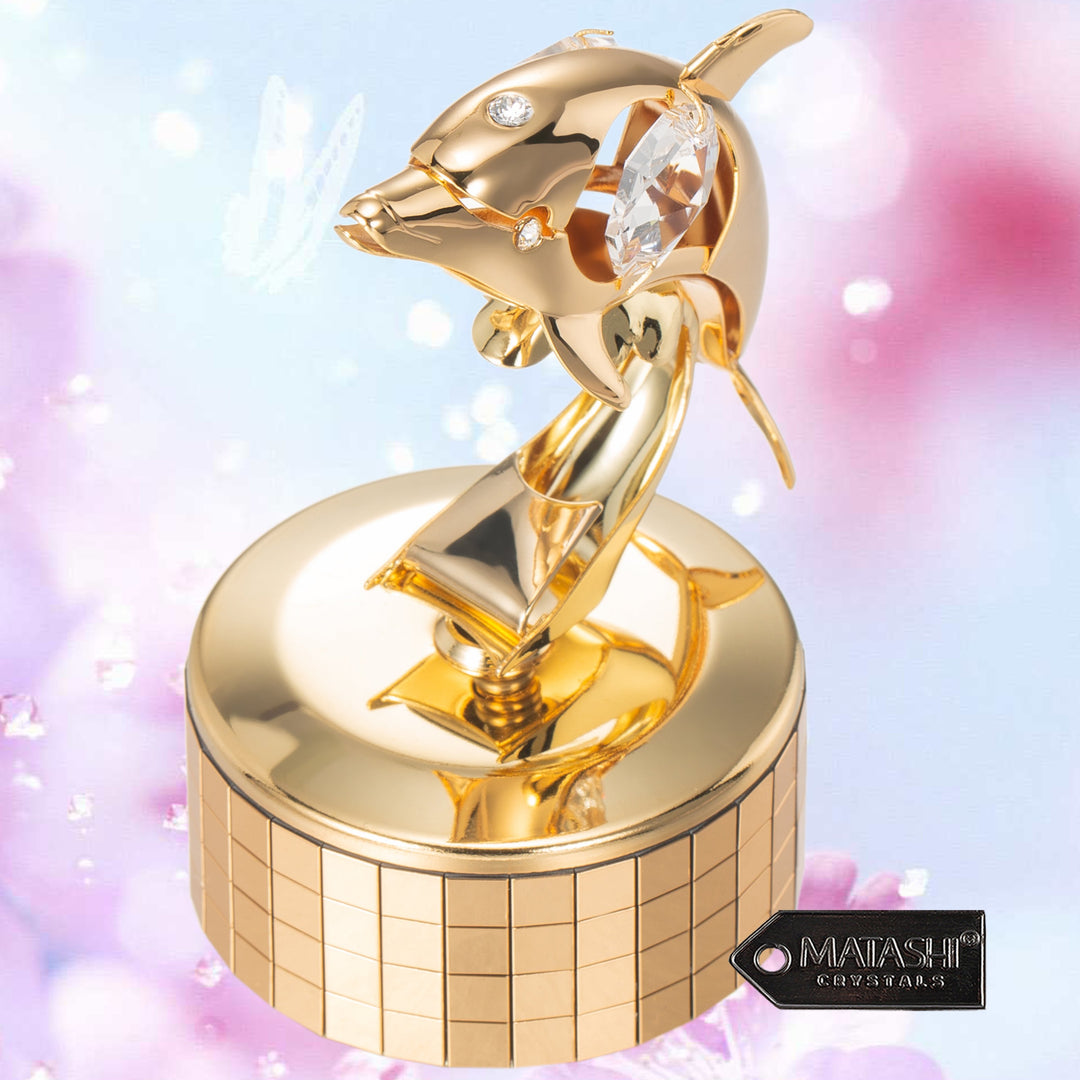 24K Gold Plated Music Box plays - "You Are my Sunshine" with Crystal Studded Dolphin Figurine by Matashi Image 4