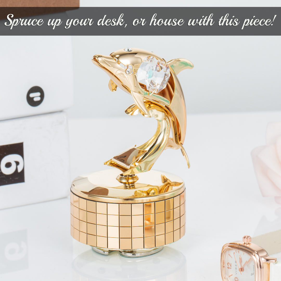 24K Gold Plated Music Box plays - "You Are my Sunshine" with Crystal Studded Dolphin Figurine by Matashi Image 6