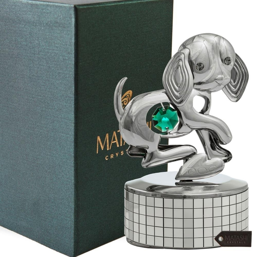 Matashi, Chrome Plated Dog Music Box plays "Love Story" Silver Table Top Ornament w/ Green Crystal Home, Bedroom, Image 1