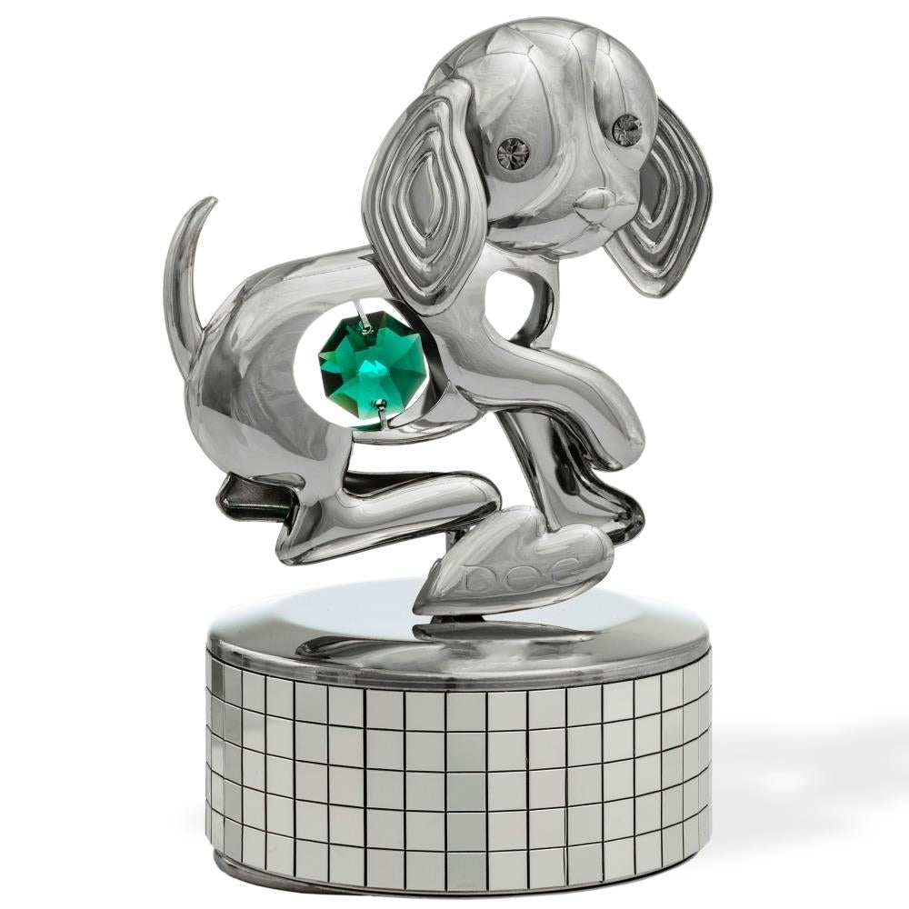 Matashi, Chrome Plated Dog Music Box plays "Love Story" Silver Table Top Ornament w/ Green Crystal Home, Bedroom, Image 2