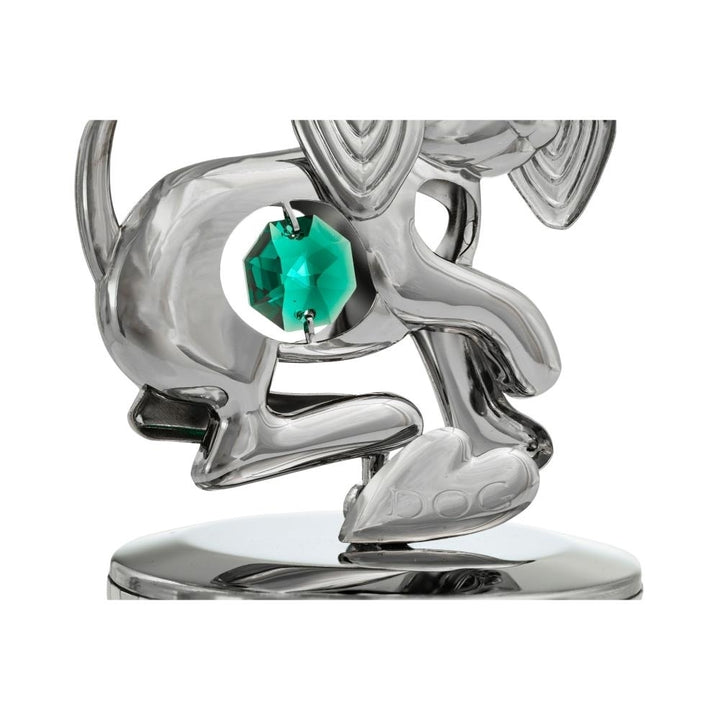 Matashi, Chrome Plated Dog Music Box plays "Love Story" Silver Table Top Ornament w/ Green Crystal Home, Bedroom, Image 3