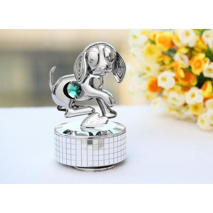 Matashi, Chrome Plated Dog Music Box plays "Love Story" Silver Table Top Ornament w/ Green Crystal Home, Bedroom, Image 4