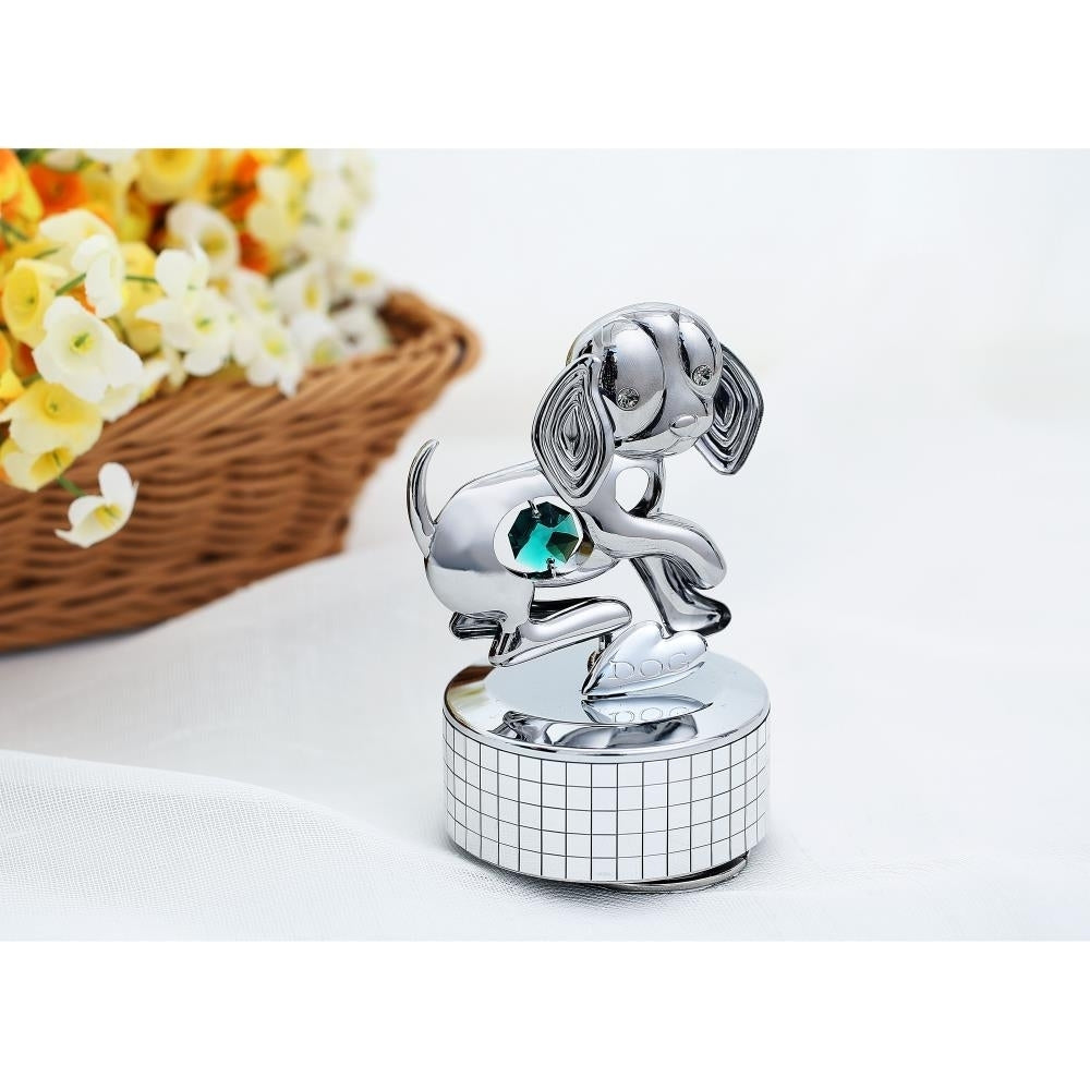 Matashi, Chrome Plated Dog Music Box plays "Love Story" Silver Table Top Ornament w/ Green Crystal Home, Bedroom, Image 5