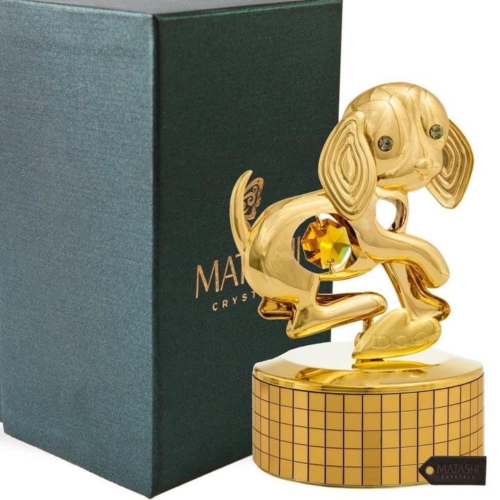 Matashi, 24k Gold Plated Dog Music Box plays "Memory" Gold Table Top Ornament w/ Gold Crystal Home, Bedroom, Living Image 1