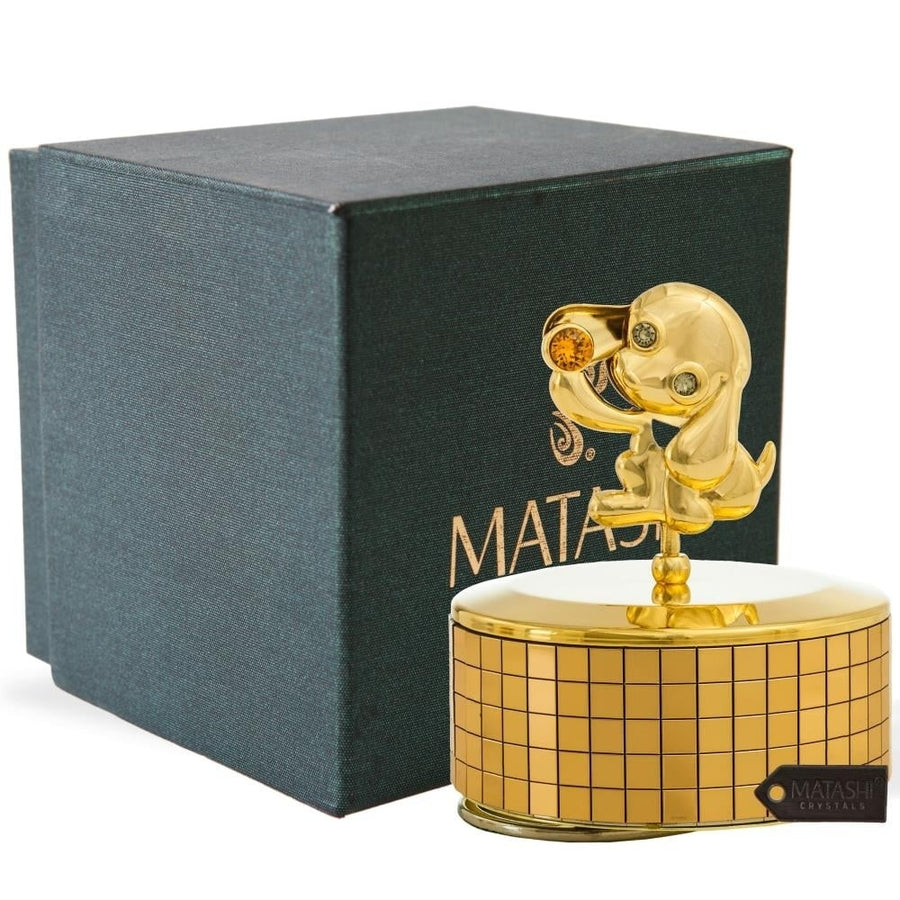 Matashi, 24k Gold Plated Puppy Music Box plays "Love Story" Gold Table Top Ornament w/ Gold Crystal Home, Bedroom, Image 1