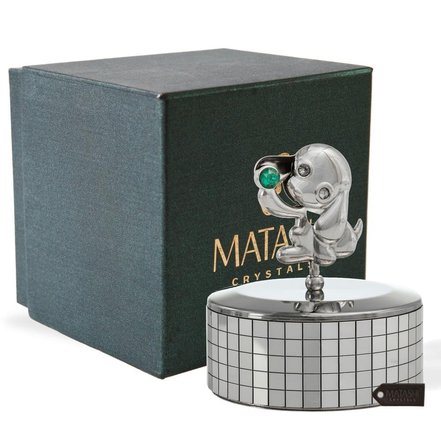 Matashi, Chrome Plated Puppy Music Box plays Love Story  Silver Table Top Ornament w/ Green Crystal Home, Bedroom, Image 1