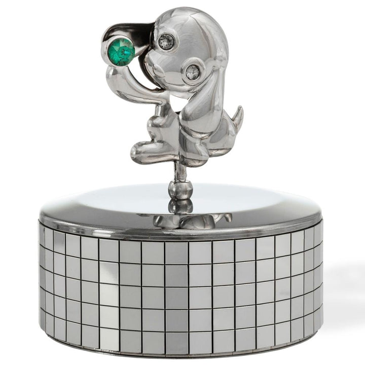 Matashi, Chrome Plated Puppy Music Box plays Love Story  Silver Table Top Ornament w/ Green Crystal Home, Bedroom, Image 2