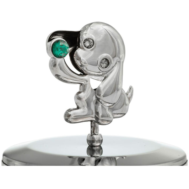 Matashi, Chrome Plated Puppy Music Box plays Love Story  Silver Table Top Ornament w/ Green Crystal Home, Bedroom, Image 3