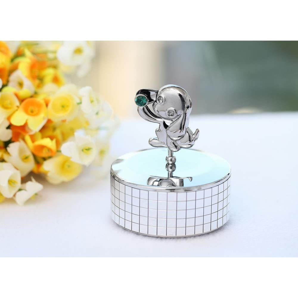 Matashi, Chrome Plated Puppy Music Box plays Love Story  Silver Table Top Ornament w/ Green Crystal Home, Bedroom, Image 4