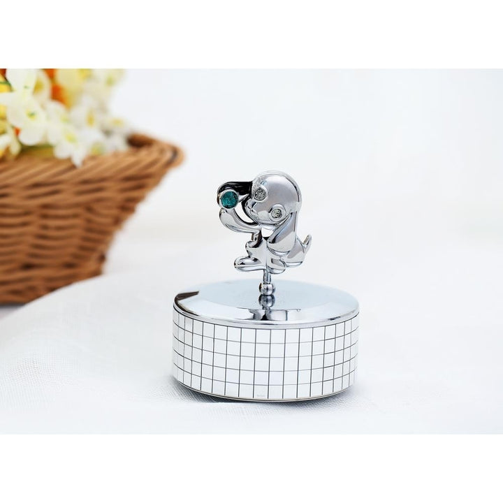 Matashi, Chrome Plated Puppy Music Box plays Love Story  Silver Table Top Ornament w/ Green Crystal Home, Bedroom, Image 5