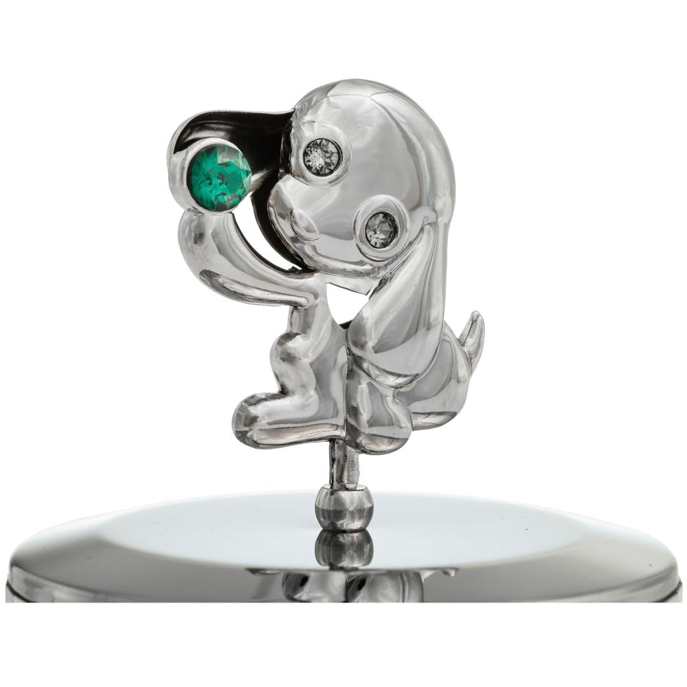 Chrome Plated Puppy Music Box plays Memory  Silver Table Top Ornament w/ Green Crystal Home, Bedroom, Living Room D Image 3