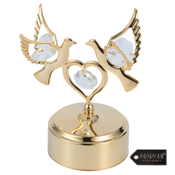 24K Gold Plated Music Box with Crystal Studded Love Doves Figurine on a Smooth Base by Matashi - Swan Lake Image 1