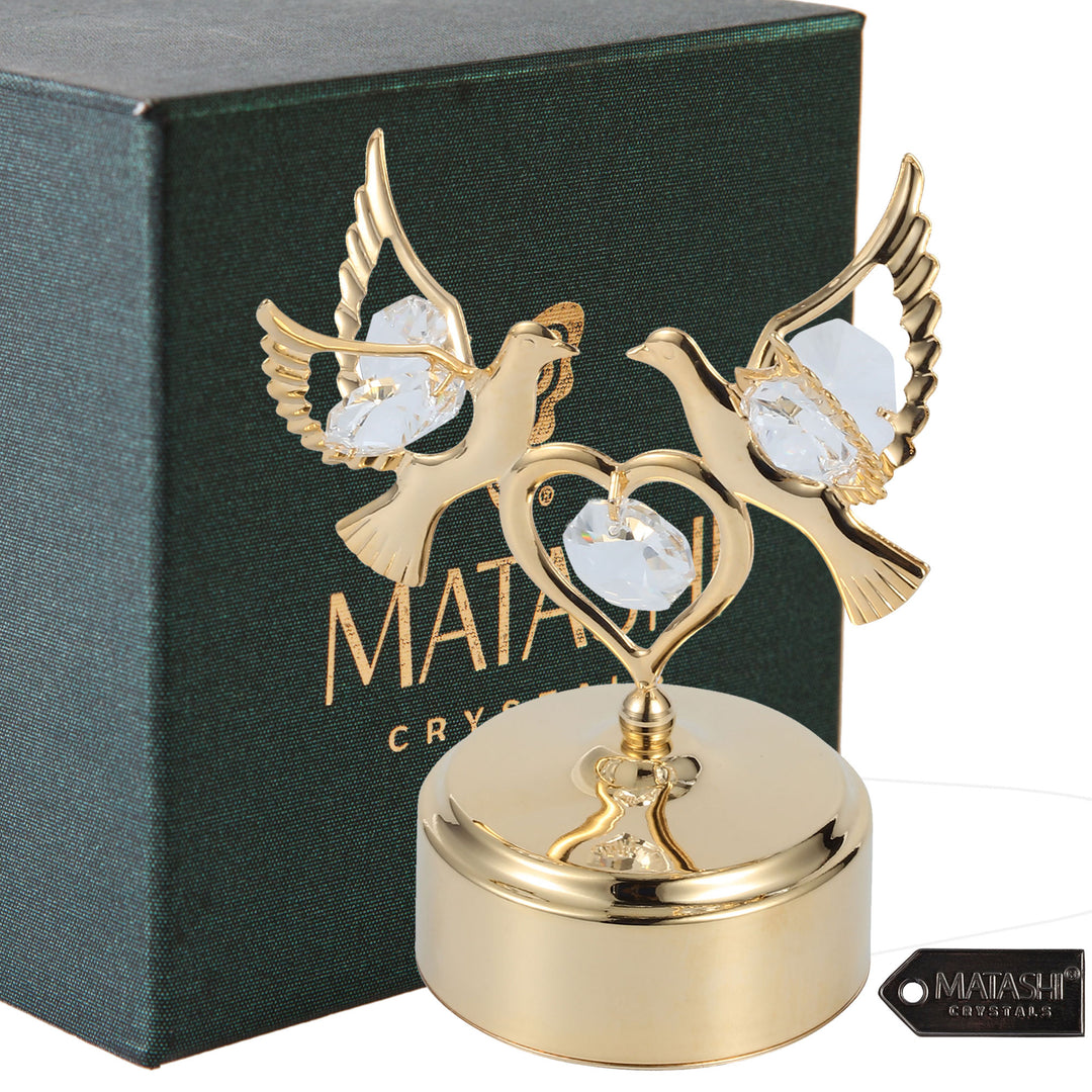 24K Gold Plated Music Box with Crystal Studded Love Doves Figurine on a Smooth Base by Matashi - Swan Lake Image 2