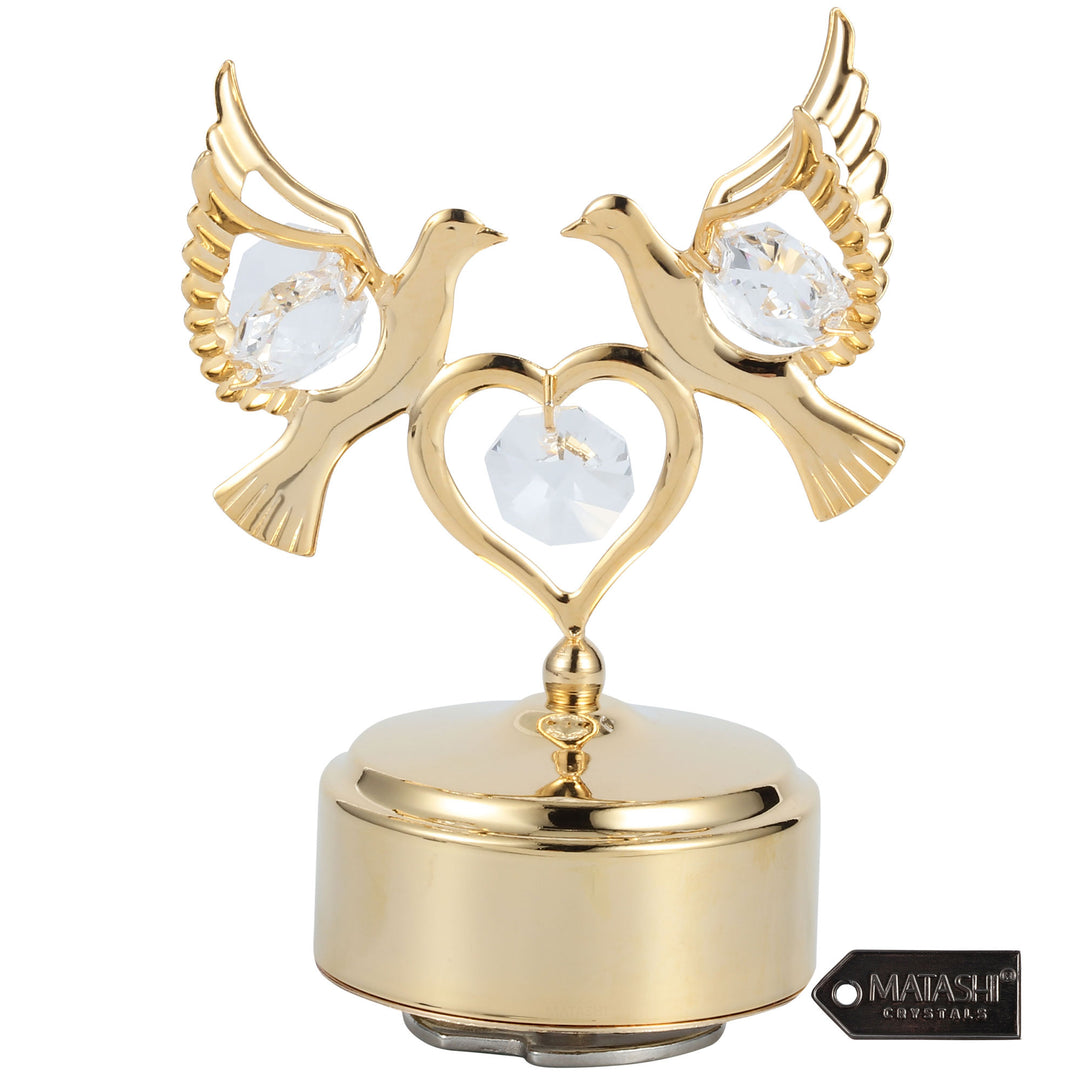 24K Gold Plated Music Box with Crystal Studded Love Doves Figurine on a Smooth Base by Matashi - Swan Lake Image 3