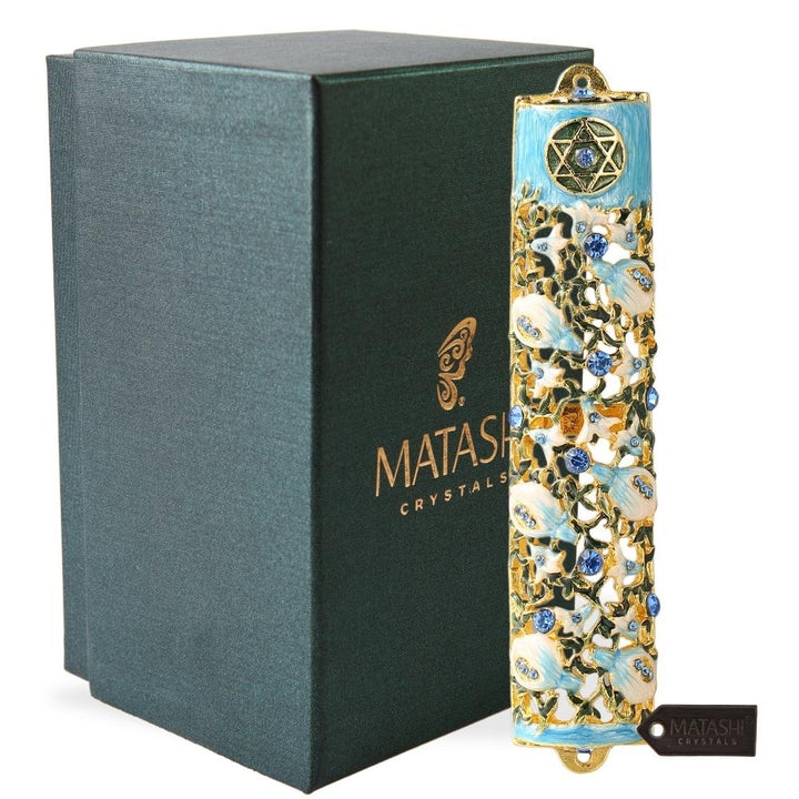 6" Hand Painted Enamel Mezuzah Embellished with a Ivy and Flowers Design with Gold Accents and fine Blue Crystals by Image 1