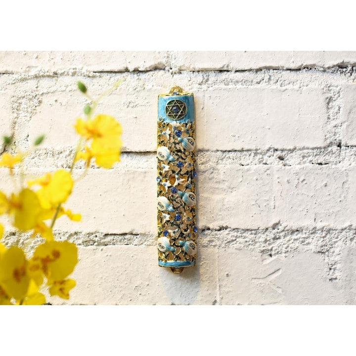 6" Hand Painted Enamel Mezuzah Embellished with a Ivy and Flowers Design with Gold Accents and fine Blue Crystals by Image 4