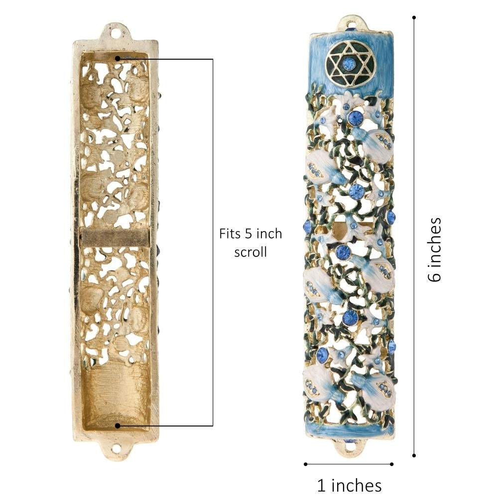 6" Hand Painted Enamel Mezuzah Embellished with a Ivy and Flowers Design with Gold Accents and fine Blue Crystals by Image 5