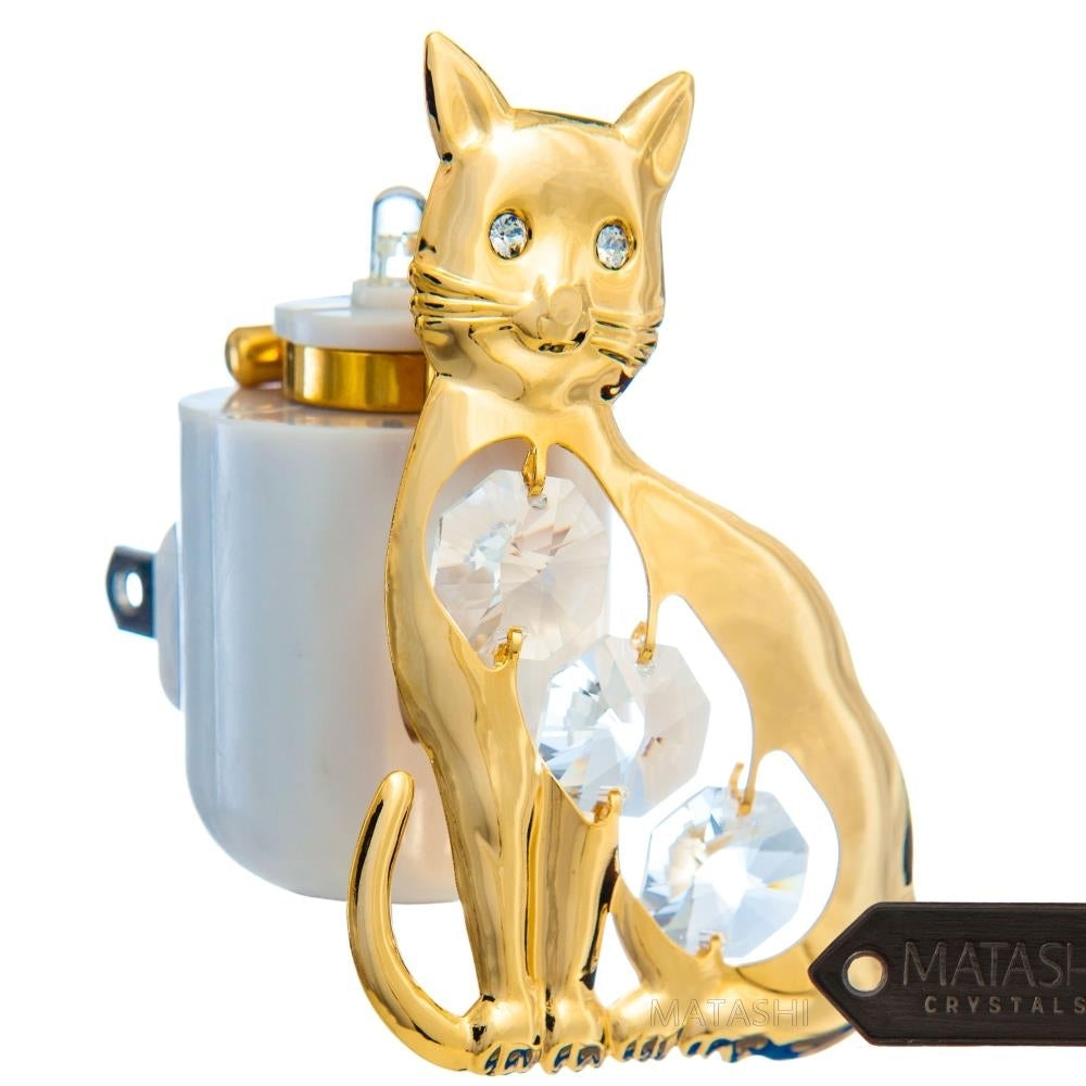 24K Gold Plated Children s Kitty Cat Colorful LED Nightlight w/ Elegant Crystals - Hallway, Bedroom, or Living Room Image 2