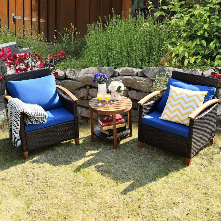 3PCS Patio Wicker Rattan Conversation Set Outdoor Furniture Set w/ Cushion Image 1