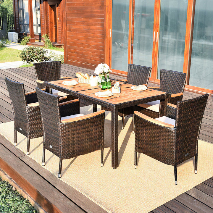 7pcs Patio Rattan Dining Set 6 Stackable Cushioned Chairs Patio Image 1