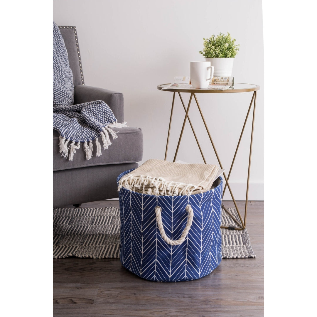 POLYESTER BIN HERRINGBONE NAUTICAL BLUE ROUND MEDIUM 12x15x15 Image 1