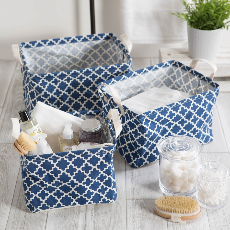 PE COATED COTTON/POLY LAUNDRY BIN LATTICE NAUTICAL BLUE RECTANGLE ASST SMALL SET/3 Image 1