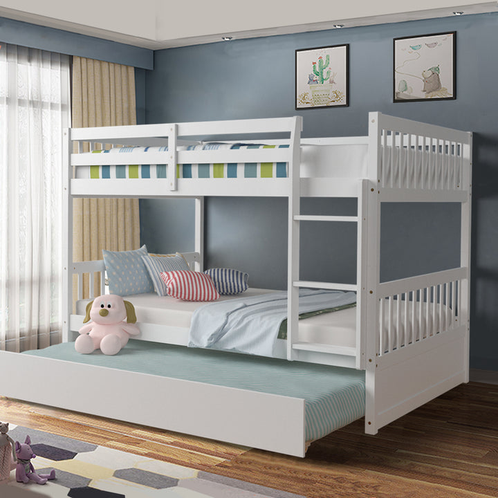 Full over Full Bunk Bed Platform Wood Bed Captains Bed w/ Trundle and Ladder Rail Image 1