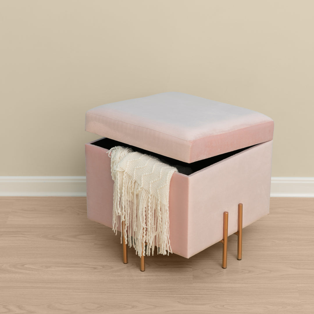 Square Velvet Storage Ottoman Rose Gold Legs 16in Comfy Seat and Storage Image 1