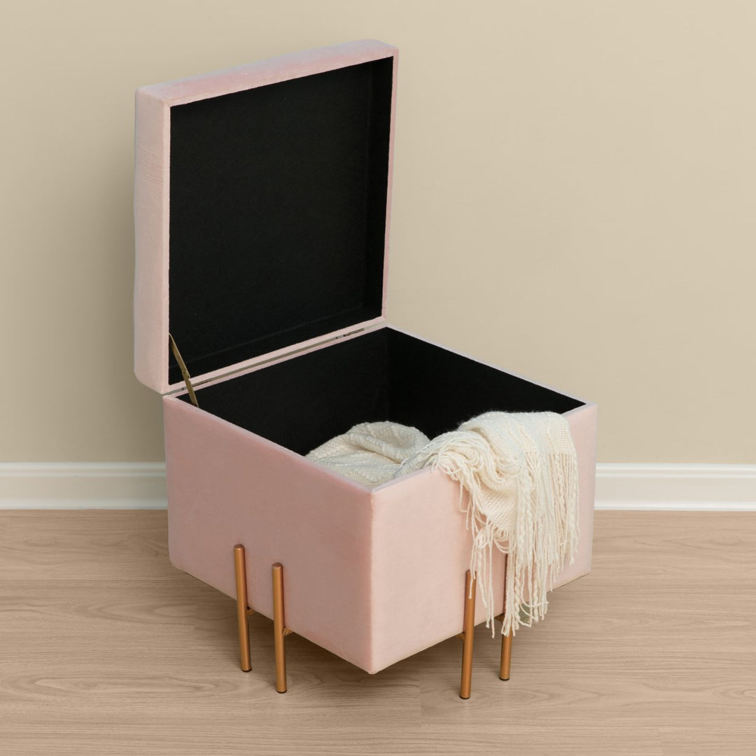 Square Velvet Storage Ottoman Rose Gold Legs 16in Comfy Seat and Storage Image 4