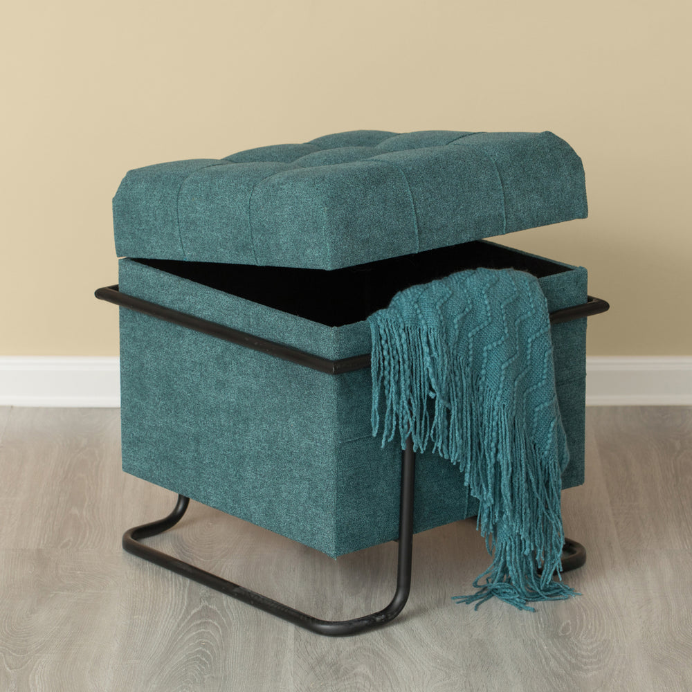 Square Fabric Storage Ottoman with Black Metal Frame 17.5" Modern Image 2