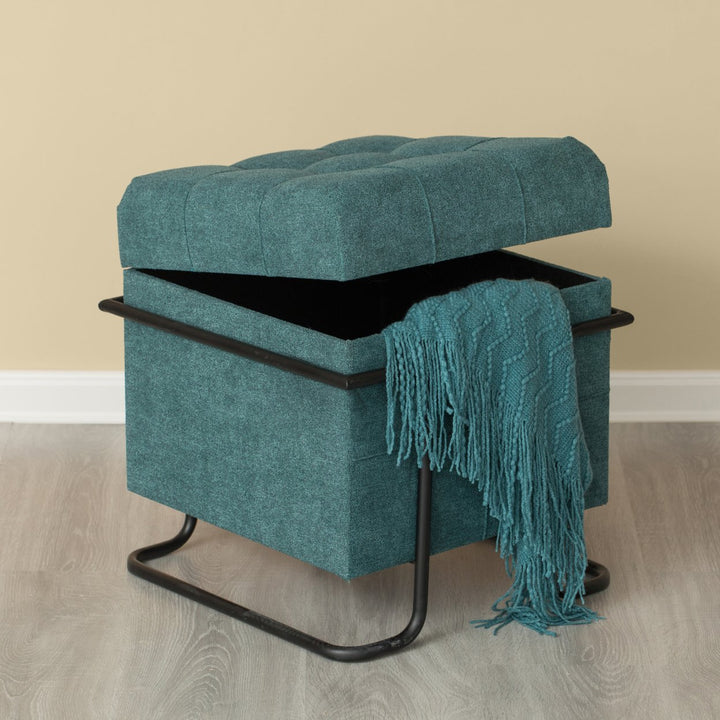 Square Fabric Storage Ottoman with Black Metal Frame 17.5" Modern Image 1