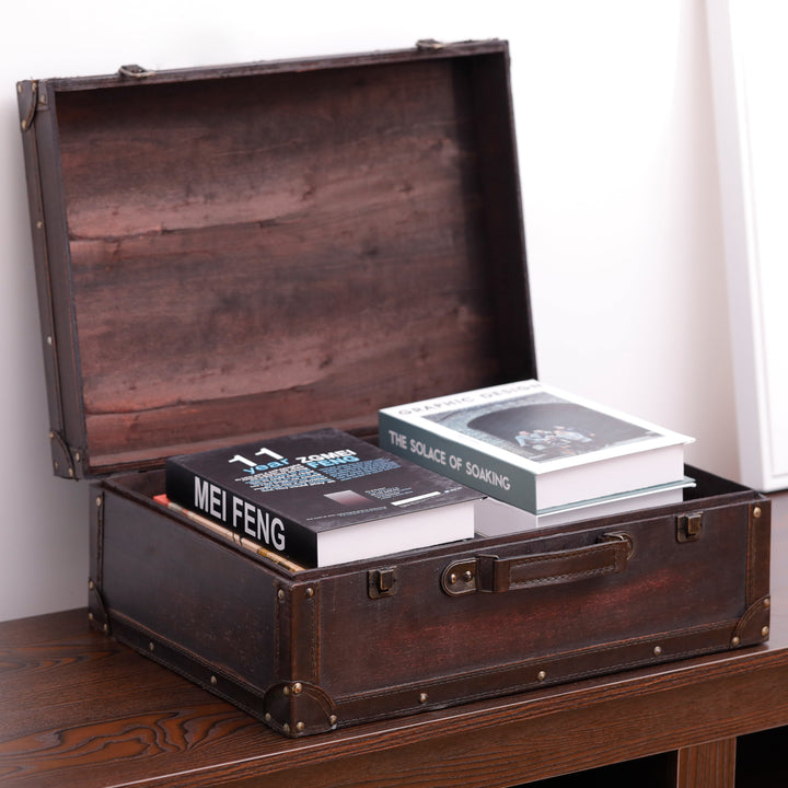 Vintage Brown Wooden Suitcase with Leather Trim 18x13x7 Decorative Storage Image 2